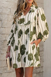 Printed Tie Neck Balloon Sleeve Dress Sage / S